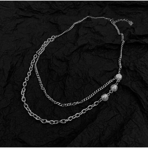 Origin Summer Stylish Double Layer Pearl Chokers Necklace for Women Girls Delicate Asymmetric Chunky Chain Necklace Jewelry