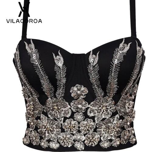 Luxury Beaded Embroidery Corset Tops Female Skinny French Retro Sling Crop Tops The Banquet Stage Shines Camis Women Sexy Vest