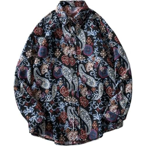 Hip Hop Retro Ethnic Embroidery Long Sleeve Shirt Men Streetwear Button Shirt 2020 Winter Harajuku National Floral Knitted Shirt