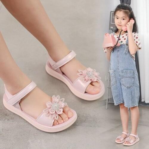 Kids Flat Shoes For Little Girls Summer Sandals 2021 Beach For Children Shoes Girls Dress Fashion Crystal Flowers 3 5 8 12 Year