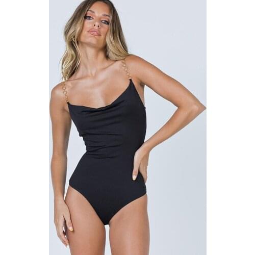 Sexy Bodysuit Women Off Shoulder Body Tops Streetwear catsuit size O Neck Summer Bodysuits suit Sleeveless Halter metal chain