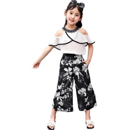 Chiffon Childrens Sets 2019 New Girls Summer Clothes Shoulderless White Chiffon Shirt +Printing Wide Leg Pants Suits 4-14 Years