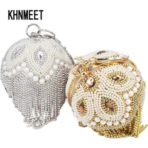 Gold Silver Ball Shape Beaded Pearl Evening Bag Crystal tassels Party Clutch Bag circular ring Wristlets bags Day Clutches 3041K