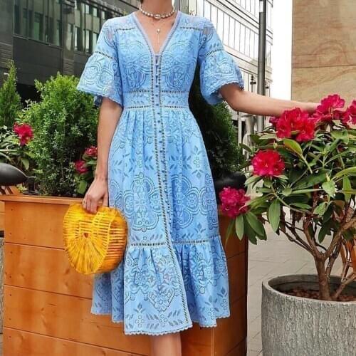Tmwevn Summer Womens Vintage Lace Hollow Dress Lace High Quality Lace Elegant Lady Dress