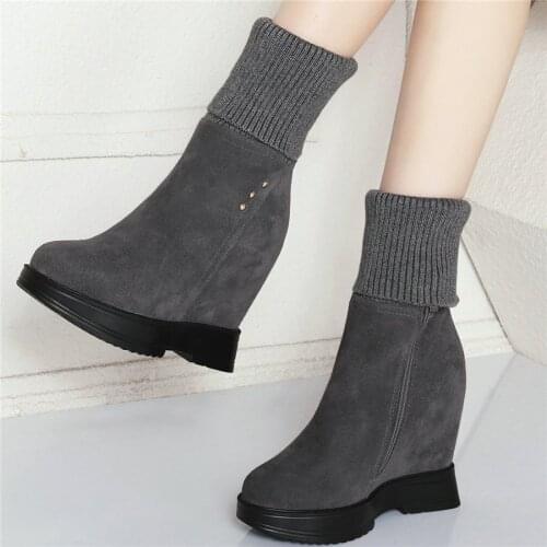 Knitting Trainers Women Genuine Leather Wedges High Heel Pumps Shoes Female Round Toe Fashion Sneakers High Top Casual Shoes