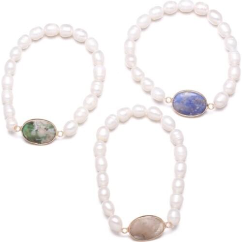 FYJS Unique Light Yellow Gold Color Oval Shape Agates Connect Imitation Pearl Bracelet Ethnic Style Jewelry