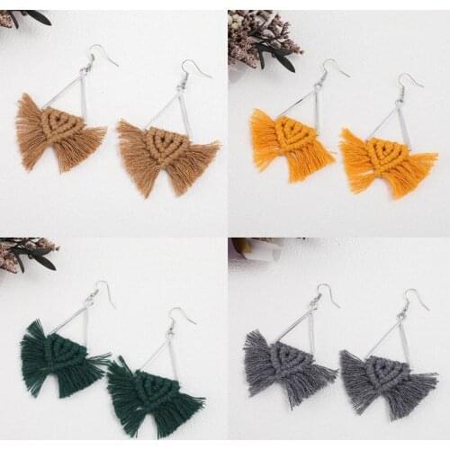 Vintage Silver Color Open Triangle Woven Craft Cotton Tassel Macrame Earrings for Women Boho Fringe Earrings Jewelry Wholesale