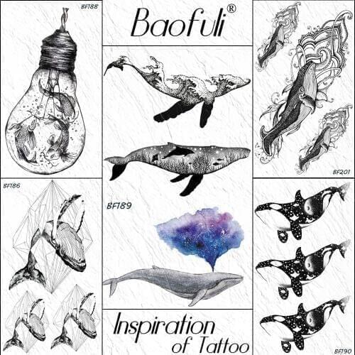 Baofuli Whale Galalxy Fish Black Dolphin Ocean Temporary Tattoo Sticker Women Men Fake Tattoos Body Art Arm Waterproof Tatoo