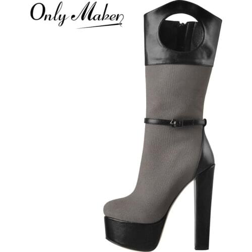 Onlymaker Winter Mid-Calf Boots Matte Black PU Patchwork Mesh Round Heels Platform Shoes Cutout Comfortable Zipper 2021