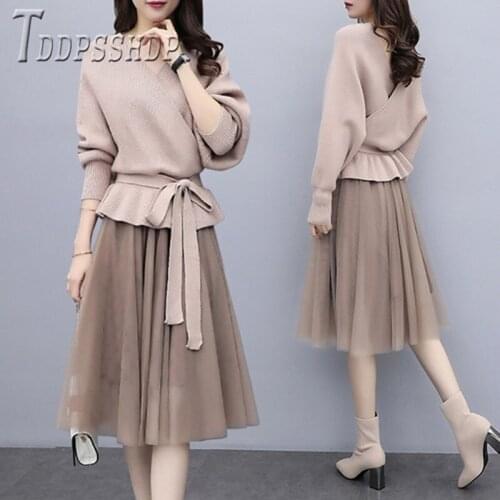 New Women Long Sleeve Sweater Skirt Two Piece Set Sweaters + Skirts Suits