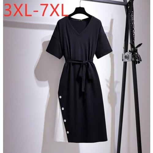 New 2021 Ladies Summer Plus Size Midi Dress For Women Large Short Sleeve Slim Cotoon Black Belt V-neck Dress 3XL 4XL 5XL 6XL 7XL