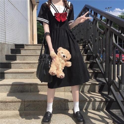 JK Sailor Skirt Japanese College Style Sailor Collar Navy Slim Sweet Short Sleeve High Waist Dress Women Summer school uniform