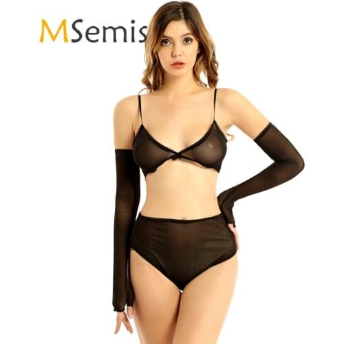 Womens Lace Floral Lingerie Set Black See Through Lingerie Bra Panties and Handcuffs Sexy Suit Sleepwear Erotic Sex Costume