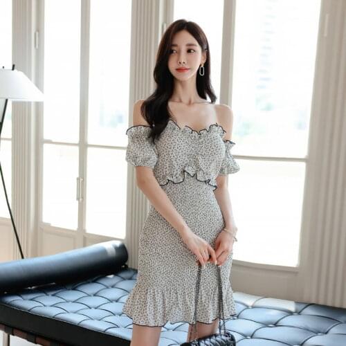 S-XL plus size summer korean elegant print slash neck high waist sexy slim hips pencil dress women fashion casual lady clothes