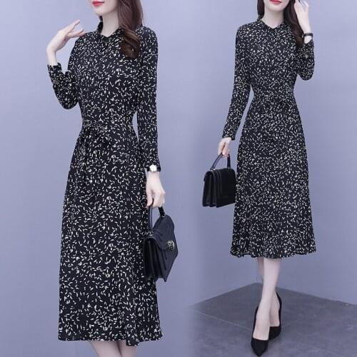 Women Fashion Elegant Shirt Dress Floral Printed Long Sleeve A-Line Slim Casual Loose Blouse Blusa Office Ladies Work Wear Dress