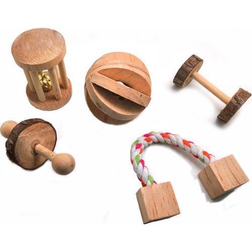 1pc Cute Natural Wooden Rabbits Toys Pine Dumbells Unicycle Bell Roller Chew Toys for Guinea Pigs Rat Small Pet Molars Supplies