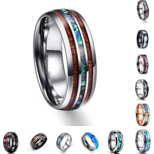 8mm Black Silver Color Stainless Steel Rings Inlay Hawaiian Koa Wood Arrow Ring High Quality Mens Engagement Wedding Jewelry