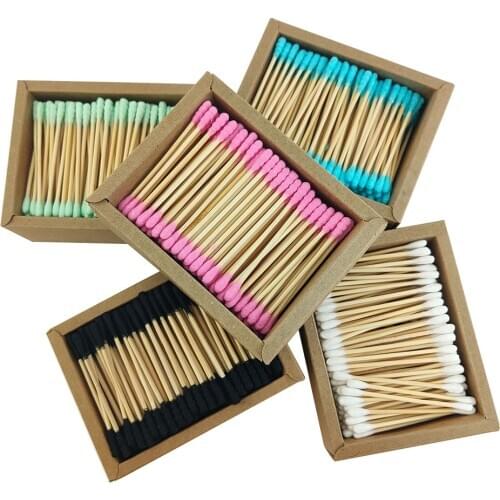 Plastic-Free 200Pcs/Box Double Head Bamboo Cotton Buds Adults Makeup Cotton Swab Wood Sticks Nose Ears Cleaning Health Care Tool