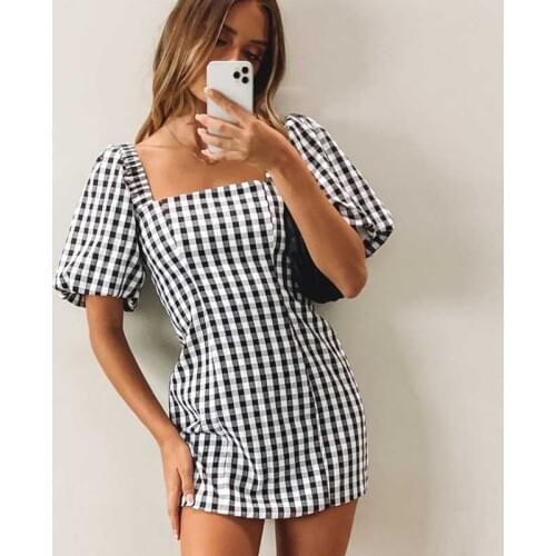 Boho Inspired Black Gingham Mini Dress puffed sleeve cuite dress for women square neck new summer dress 2021 streetw