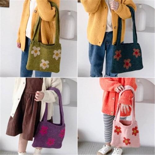 Children Kids Autumn Winter Mini Small Bag Cute Wool Knitted Braid Flower Solid Coin Purse Fashion Accessories Gifts Wholesale