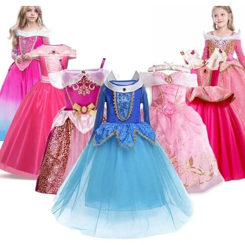 Hot Pink Blue Aurora Dress for Girls Halloween Princess Costume Children Pageant Party Gown Birthday Christmas Carnival Clothes