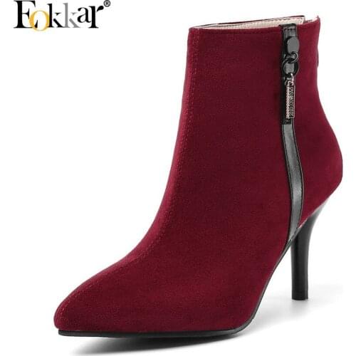 Eokkar 2020 New Fashion Women Ankle Boots Pointed Toe Thin High Heel All Match Elegant Winter Shoes Ladies Plush Size 34-43