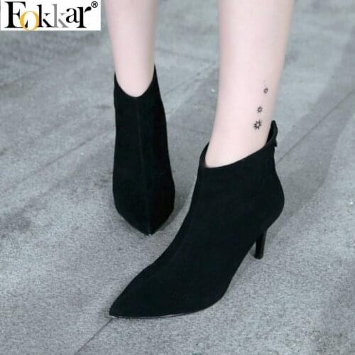 Eokkar 2020 Solid Pointed Toe Ankle Boots Sexy High Heel Winter Shoes Stiletto Heels Zipper Office Lady Dress Boots Size 34-43