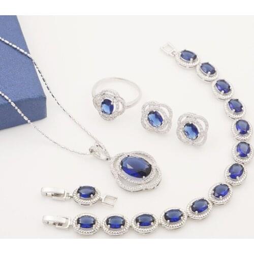 Funmode New Design Blue Oval Shape Cubic Zircon Link Chain Small Jewelry Sets For Women conjuntos de joyas Wholesale FS121