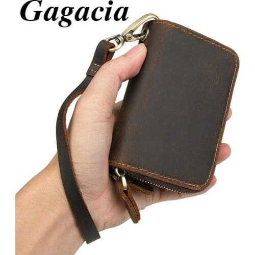 Gagacia Genuine Leather Men Retro Credit Card Wallet Luxury Coin Purse Man Dark Brown Zipper Key Case Flap Pocket Chinese Style