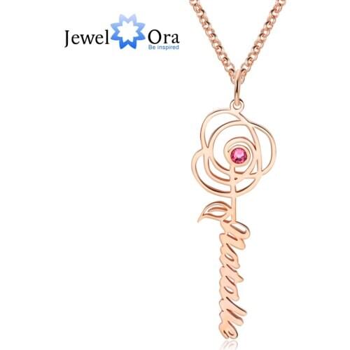 JewelOra Designer Personalized Name Rose Necklace Pendant with DIY Birthstone Customized Flower Nameplate Jewelry Gifts for Mom