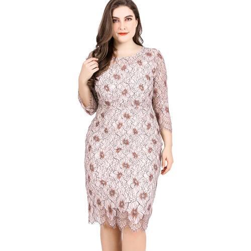 Miaoke Ladies Large Size Lace print Sexy Dress High Quality Clothing Fashion elegant Plus Size Women midi party night dresses