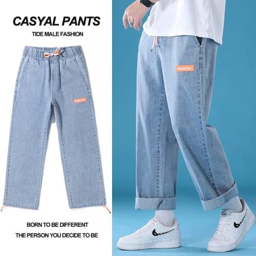 Mens Fashion Brand Loose Straight Jeans Simple Fashion Casual Youth Popular Lace Wide Leg Pants