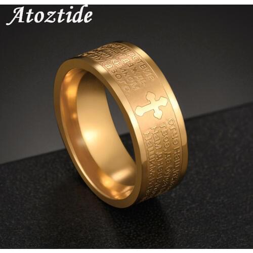 Atoztide Classic 8mm Russian Bible Cross Ring For Men Religious Stainless Steel Prayer Scripture Finger Ring Belief Jewelry