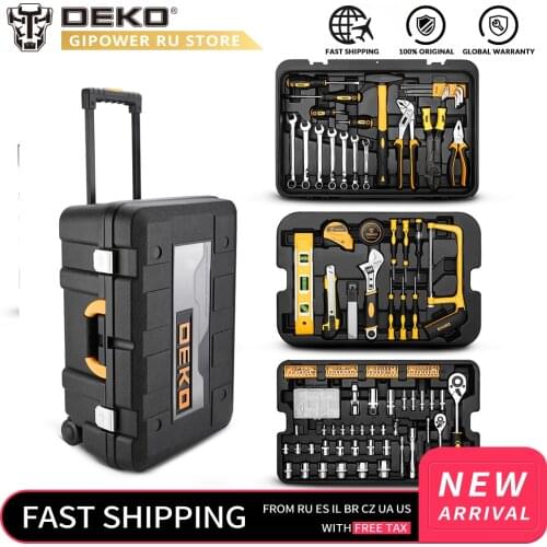 DEKOPRO 258 Pcs Tool Set with Rolling Tool Box Metric Socket Wrench Hand Tool Kit Storage Case Socket Wrench Screwdriver Knife