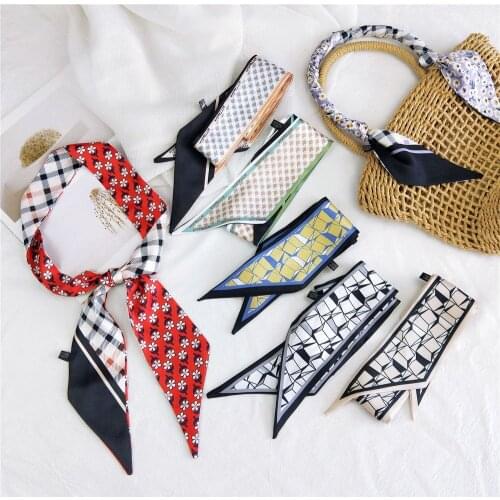2021Japanese Scarf Chic Plaid Twill Small Neckerchief Silk Scarf For Women Different Print Both Side Hair Ribbon Necktie 4X110CM