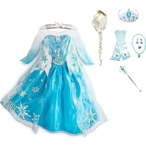 2021 New Christmas Dress Girls Cosplay Elsa Snow Queen Princess Costume Long Sleeve Childrens Halloween Birthday Sets Clothes