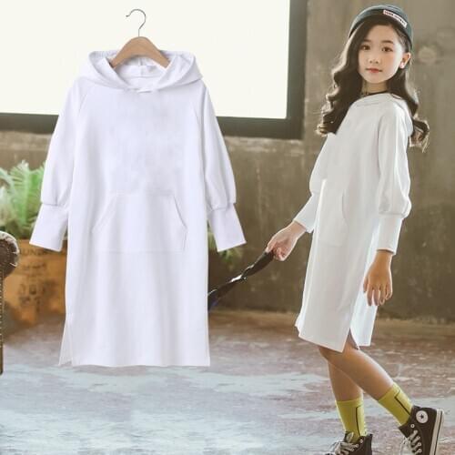 Fall Hoodies Sweatshirt Dresses for Kids Girls Pure White Long Sleeve Dress Teenage Cotton Clothes 10 12 Years Children Clothing