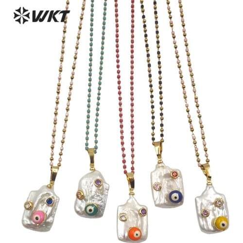 WT-MN961 Unique design white square freshwater pearl necklace with CZ paved evil eye charm necklace gold beads chain necklace