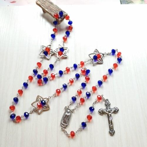QIGO New Metal Cross Crystal Rosary Necklace Long Jesus Strand Necklace Religious Prayer Jewelry Blue Red