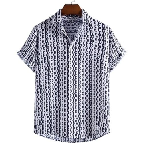 Fashion Mens Shirt Summer Casual Wave Pattern Printed Pockets Short Sleeve Top Blouse Lapel Shirts Hawaiian Clothing 2021 New