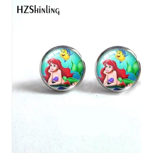 2021 New Little Mermaid Ariel Princess Glass Dome Round Stud Earrings Handcraft Stainless Steel Earrings
