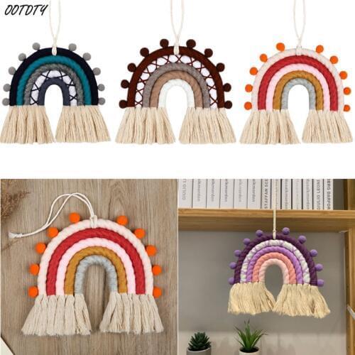 Nordic Rainbow Macrame Rainbow Woven Tapestry Cotton Hand-knitted Furry Ball Kids Room Decor Wall Hanging Ornaments Photo Props