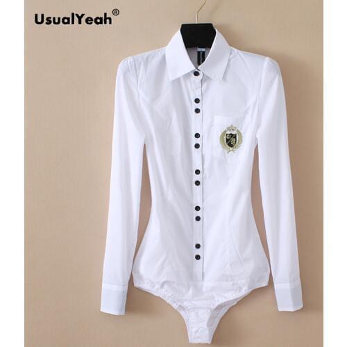 UsualYeah Embroidery Badge Pocket White Shirts Office Ladies Formal Body Shirt Long Sleeve Buttons up Women Blouse Work Wear