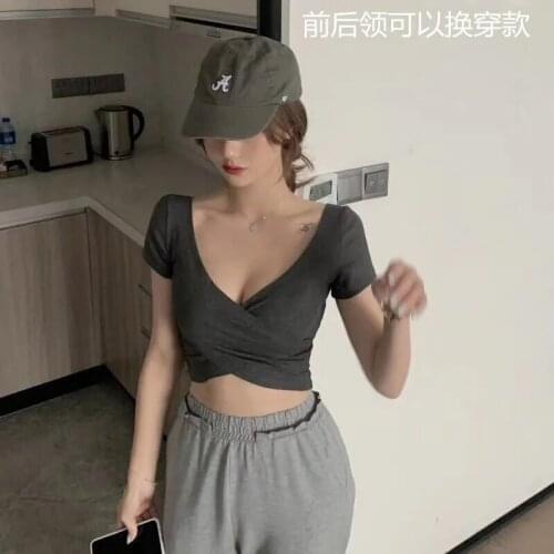 Y2K Summer t-shirt womens high-waist u-neck tight new style short and plump blouse womens v-neck sexy hotel back short-sleeved