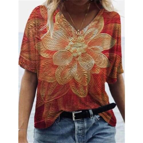 2021 summer 3D color sexy female large size butterfly flower print short-sleeved casual loose V-neck retro fashion T-shirt top