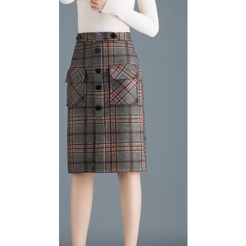 2020 Autumn&Winter New Arrival Plaid Korean High Waist Skirt Women Woolen Skirt Pocket Single-breasted Skirt Free Shipping