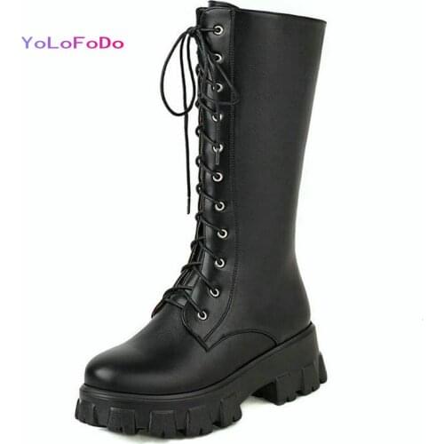 2021 Autumn Winter Women Knee High Boots Platform Square High Heel Ladies Calf Boots PU Leather Cross Tied Womens Boots White