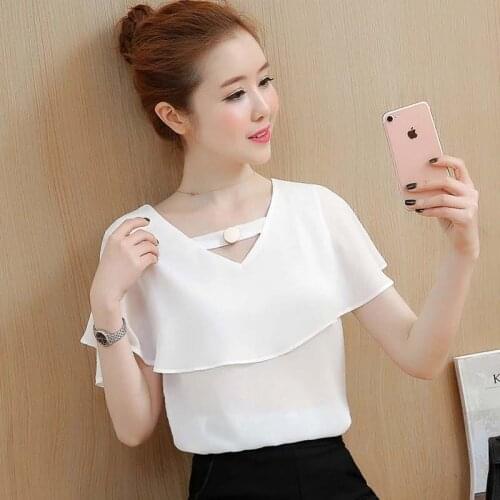 Womens Tops Blouses Summer Chiffon Blouse Women Clothes Ladies Tops Short Sleeve Shirt Ruffles Clothing Camisa Feminina DD2415