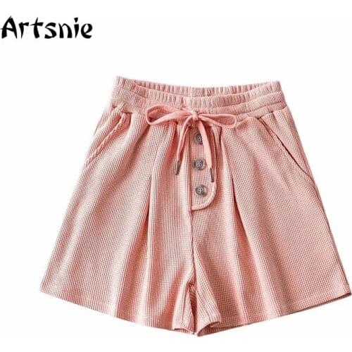 Artsnie Summer 2021 High Waist Shorts Women Drawstring Pink Casual Loose Shorts Femme Streetwear Knitted Ladies Cycling Shorts