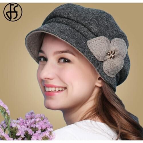 FS Beret Hat Women Warm Winter Wool Felt Berets Brim Boina Elegant Female Cap French Artist Painter Caps Boinas Flower Casquette